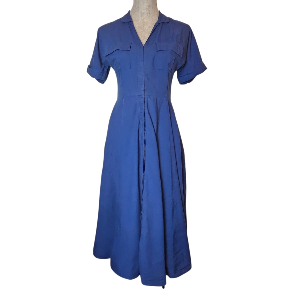 Staud Blue Midi Dress - Size 2 Safari Chic Utility Vintage Vibes Minimalist